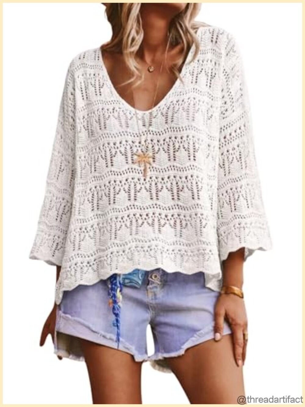 Women's Crochet Sweater 3/4 Sleeve Boho V-Neck Pullover Top